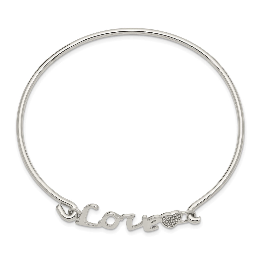 Sterling Silver Rhodium-plated LOVE with CZ Heart Hook Closure Bangle