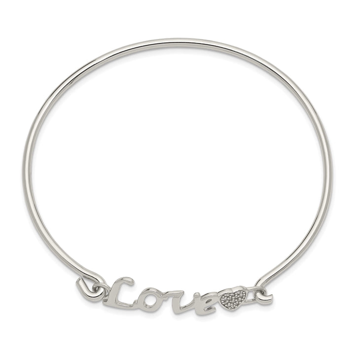 Sterling Silver Rhodium-plated LOVE with CZ Heart Hook Closure Bangle