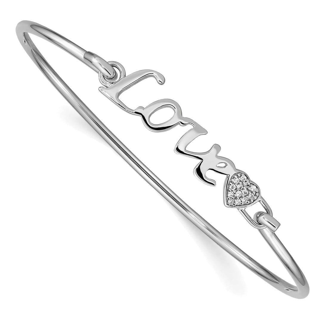 Sterling Silver Rhodium-plated LOVE with CZ Heart Hook Closure Bangle