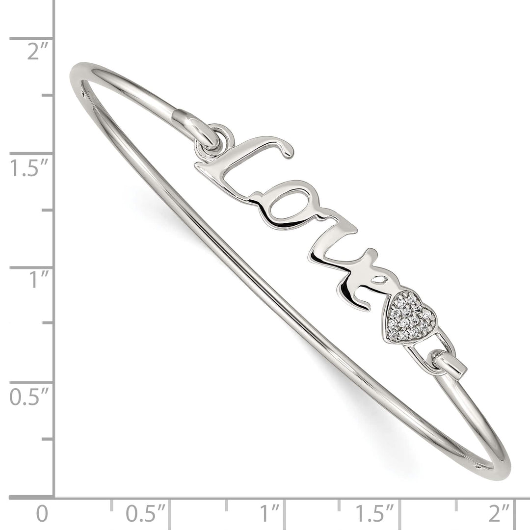 Sterling Silver Rhodium-plated LOVE with CZ Heart Hook Closure Bangle