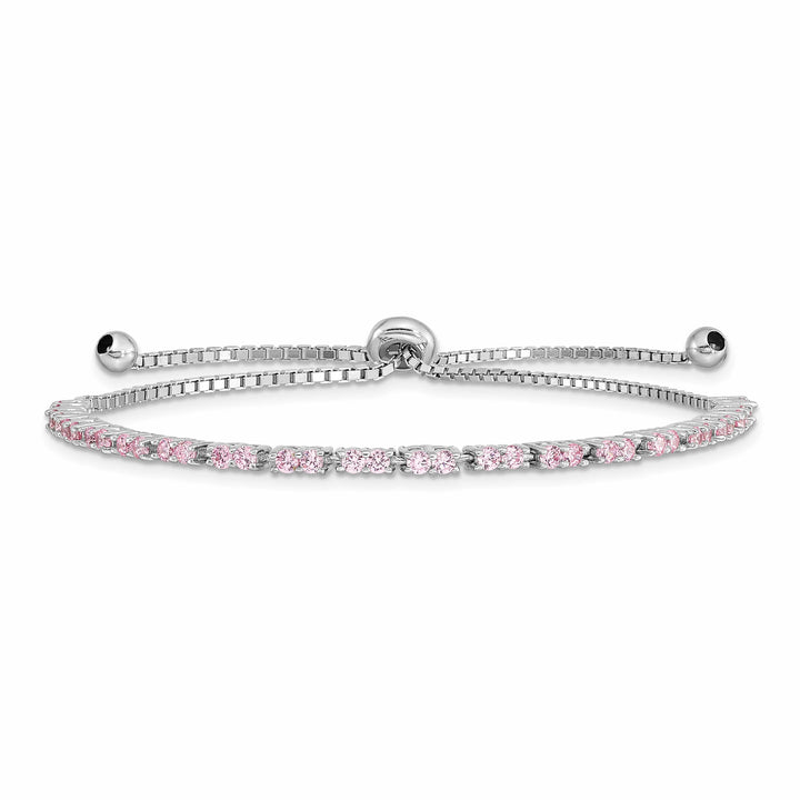 Sterling Silver Rhodium-plated October Pink CZ Bolo Bracelet
