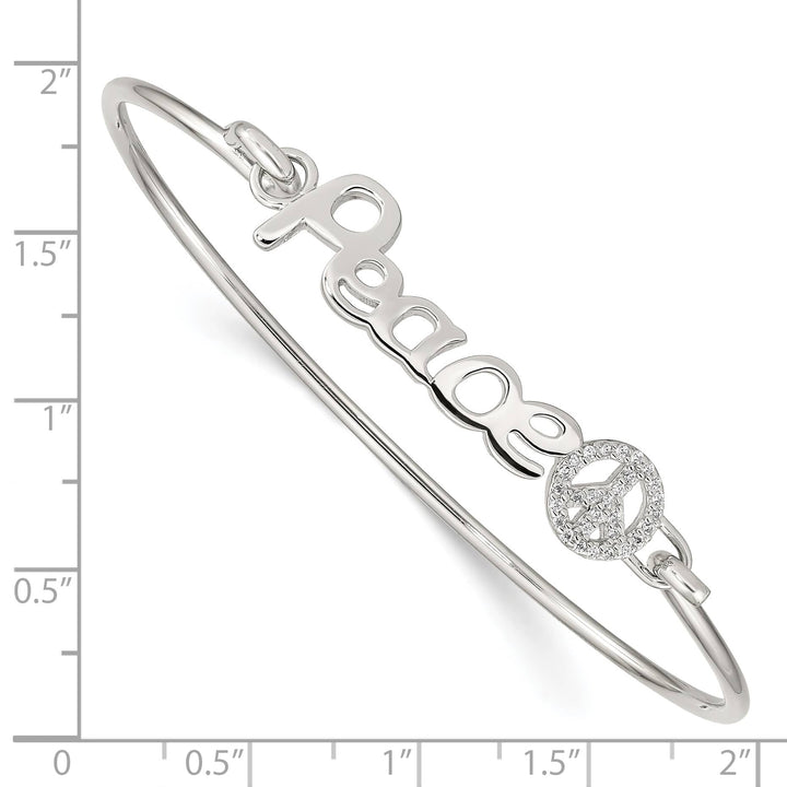 Sterling Silver Rhodium-plated PEACE with CZ Peace Sign Hook Bangle