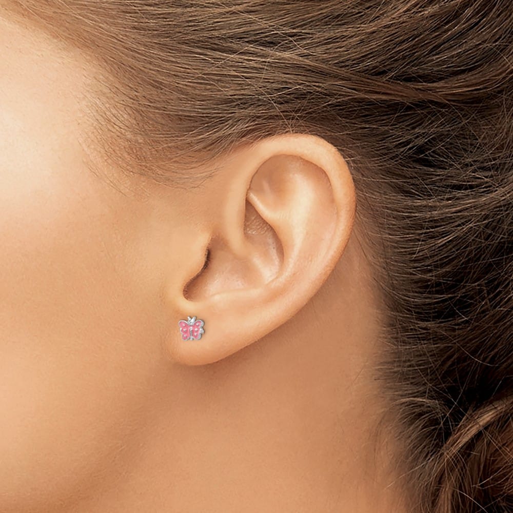 Sterling Silver Rhodium-plated Pink Enameled Butterfly Post Earrings