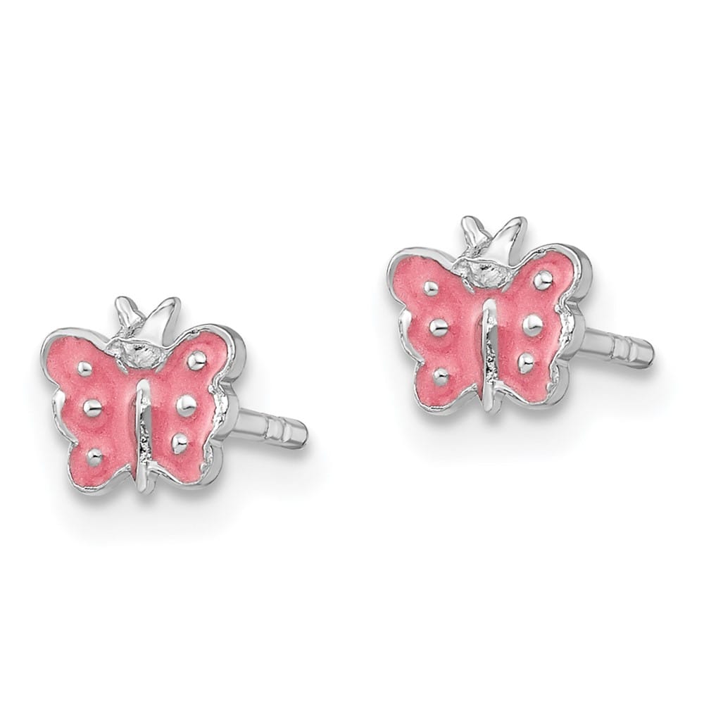 Sterling Silver Rhodium-plated Pink Enameled Butterfly Post Earrings