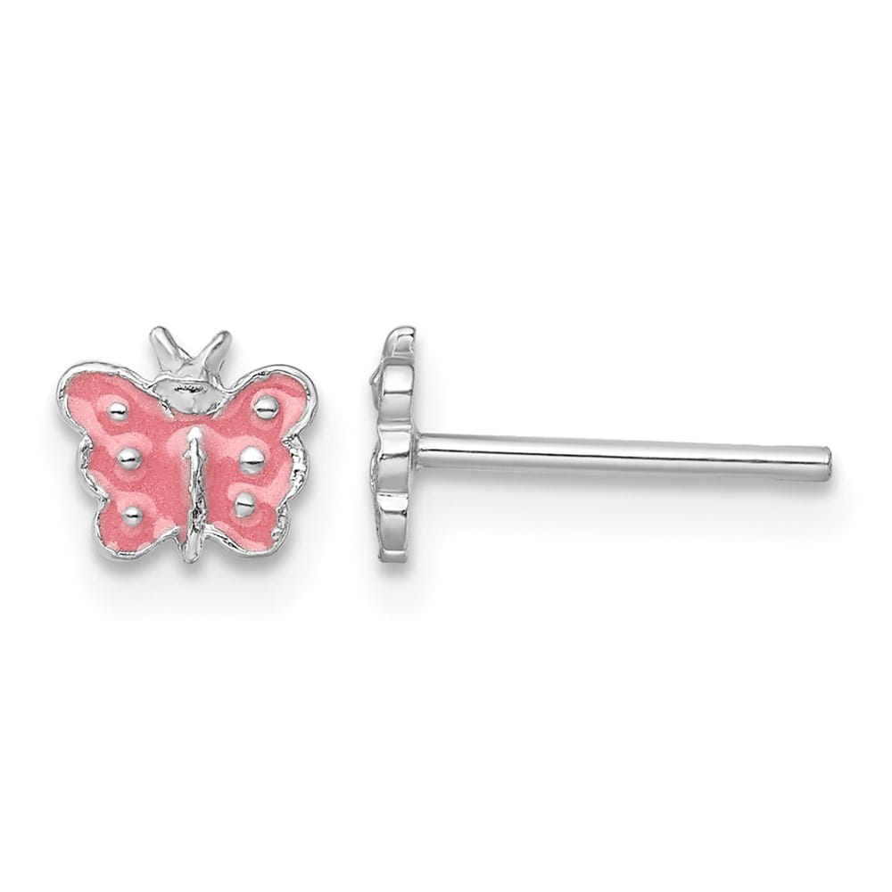 Sterling Silver Rhodium-plated Pink Enameled Butterfly Post Earrings