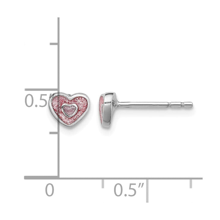 Sterling Silver Rhodium-plated Pink Glitter Enamel Heart Post Earrings