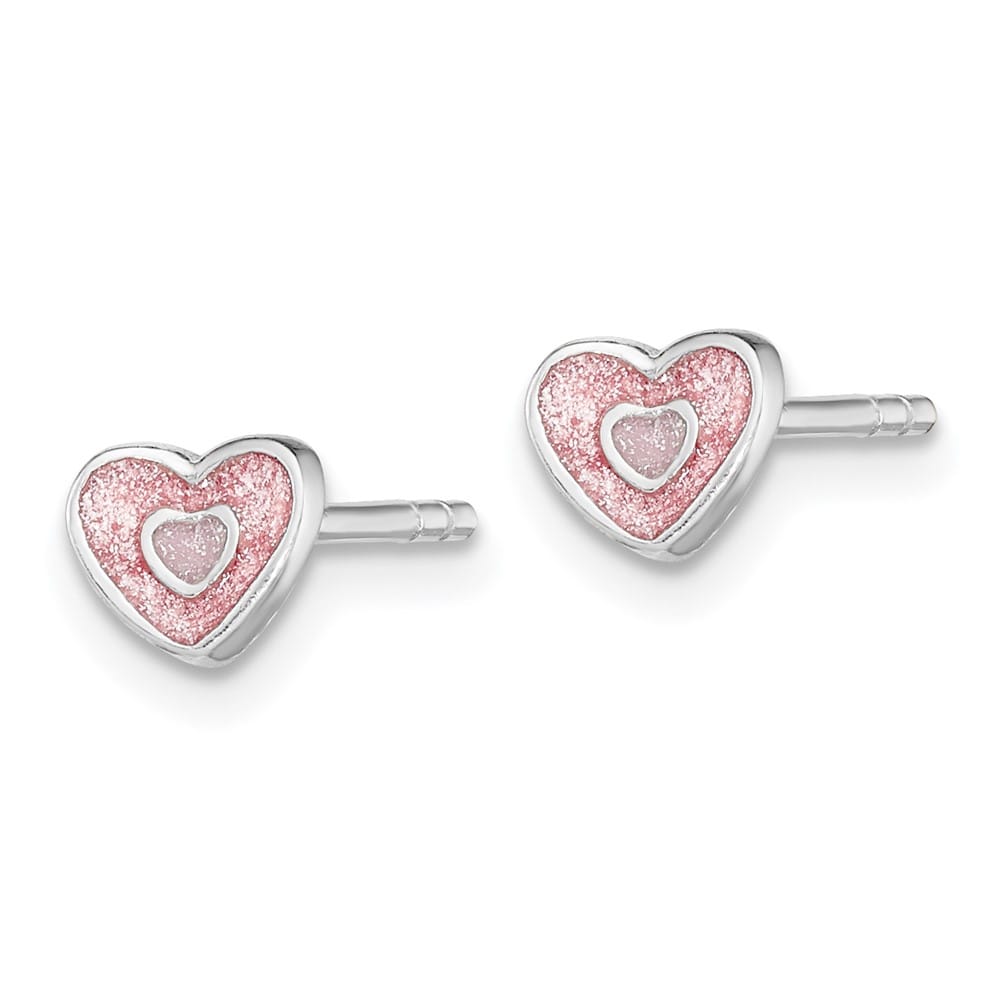 Sterling Silver Rhodium-plated Pink Glitter Enamel Heart Post Earrings