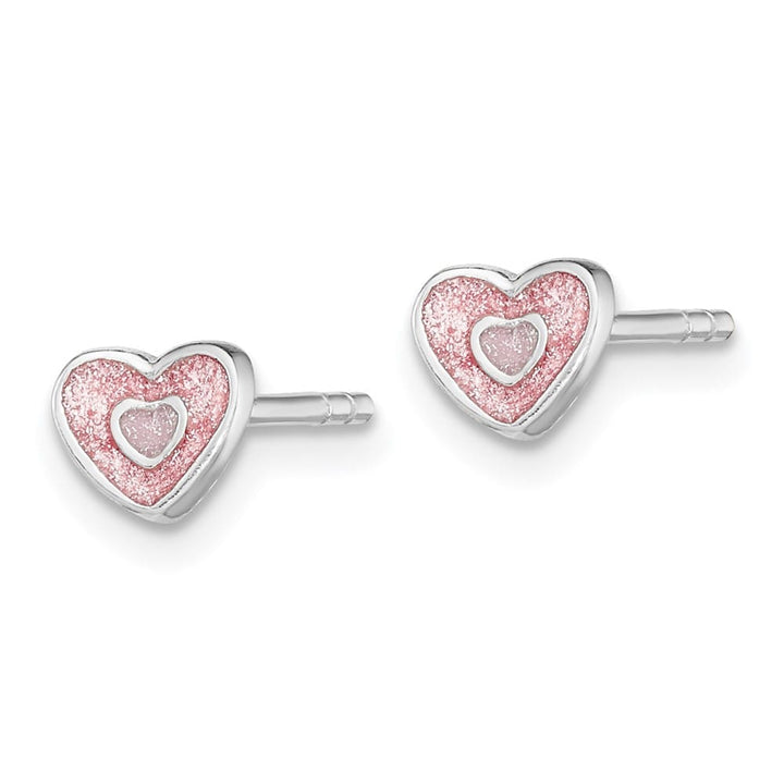 Sterling Silver Rhodium-plated Pink Glitter Enamel Heart Post Earrings