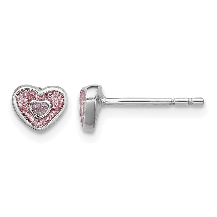 Sterling Silver Rhodium-plated Pink Glitter Enamel Heart Post Earrings