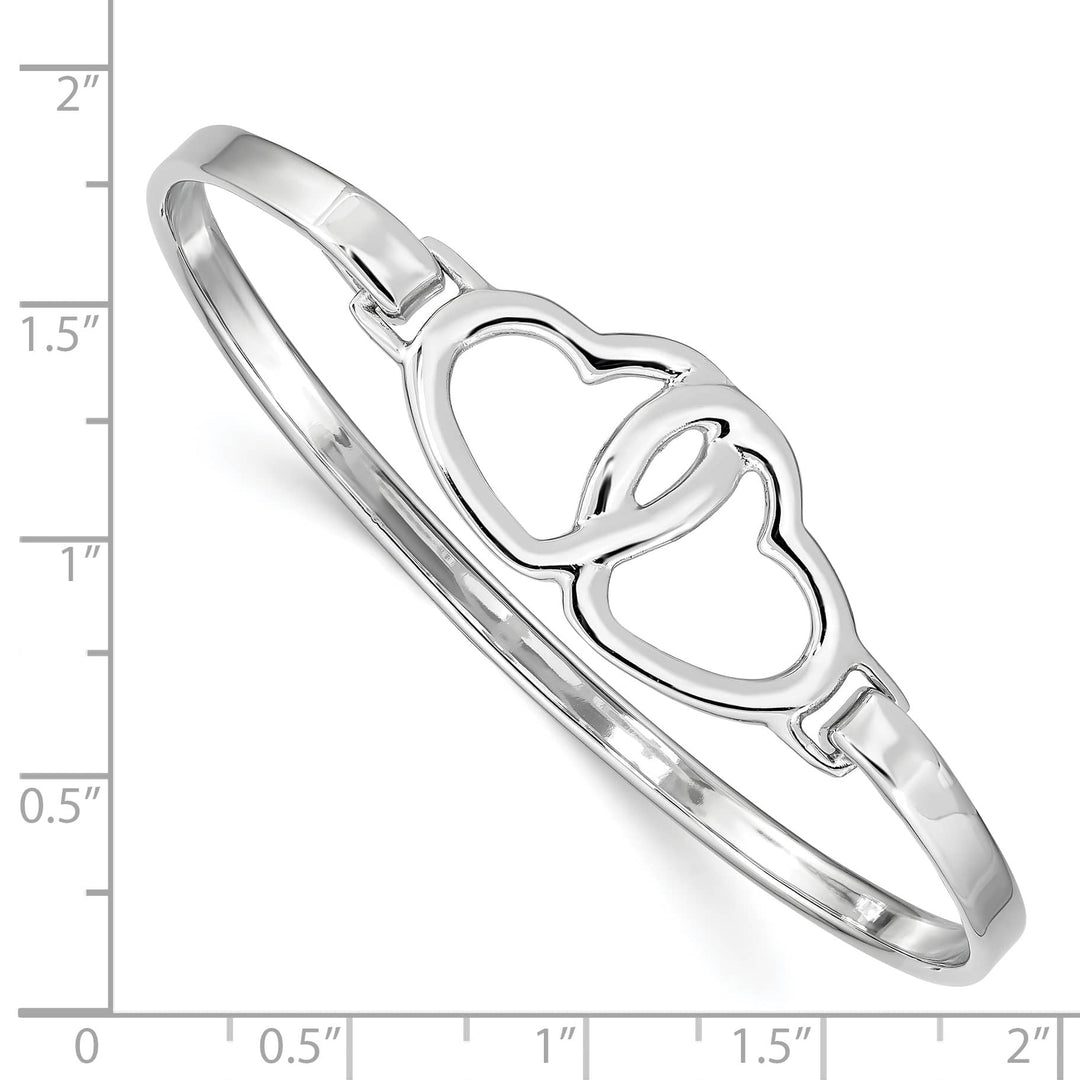 Sterling Silver Rhodium-plated Polished 2 Hearts Hook Closure Bangle