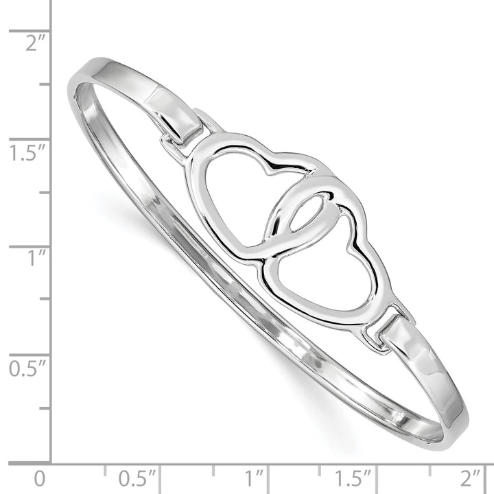 Sterling Silver Rhodium-plated Polished 2 Hearts Hook Closure Bangle
