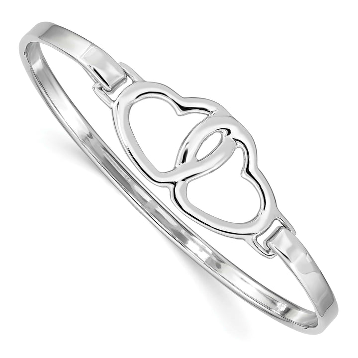Sterling Silver Rhodium-plated Polished 2 Hearts Hook Closure Bangle