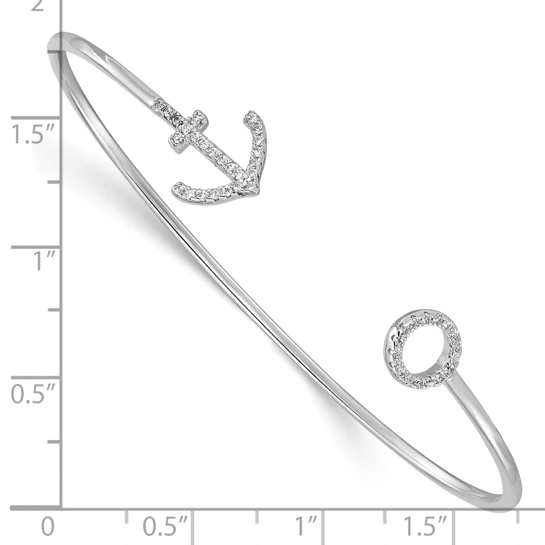 Sterling Silver Rhodium-plated Polished CZ Anchor Cuff Bangle