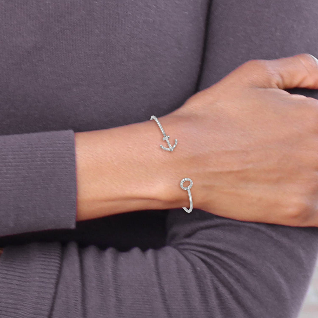 Sterling Silver Rhodium-plated Polished CZ Anchor Cuff Bangle