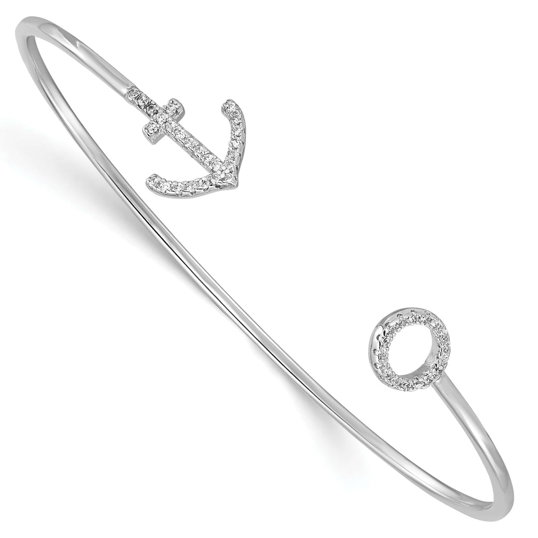 Sterling Silver Rhodium-plated Polished CZ Anchor Cuff Bangle