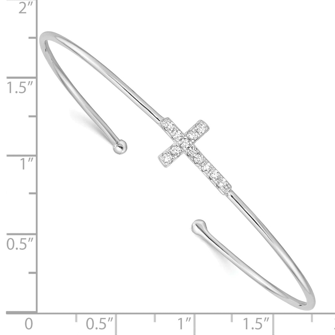 Sterling Silver Rhodium-plated Polished CZ Cross Cuff Bangle