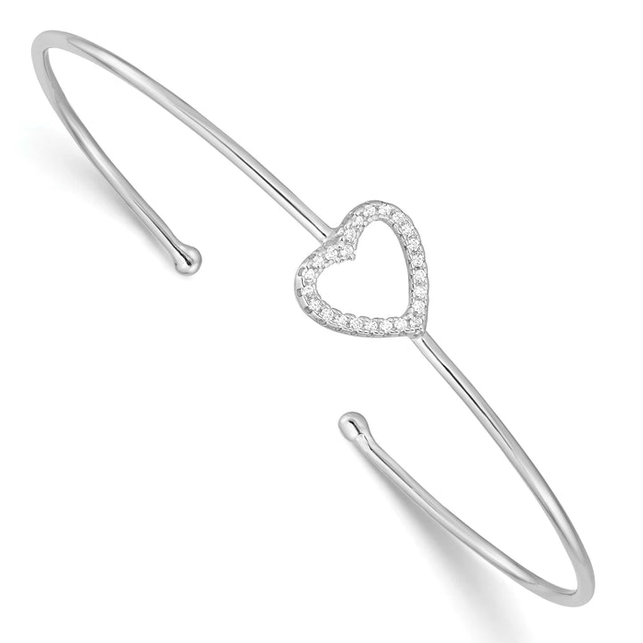 Sterling Silver Rhodium-plated Polished CZ Heart Cuff Bangle Bracelet