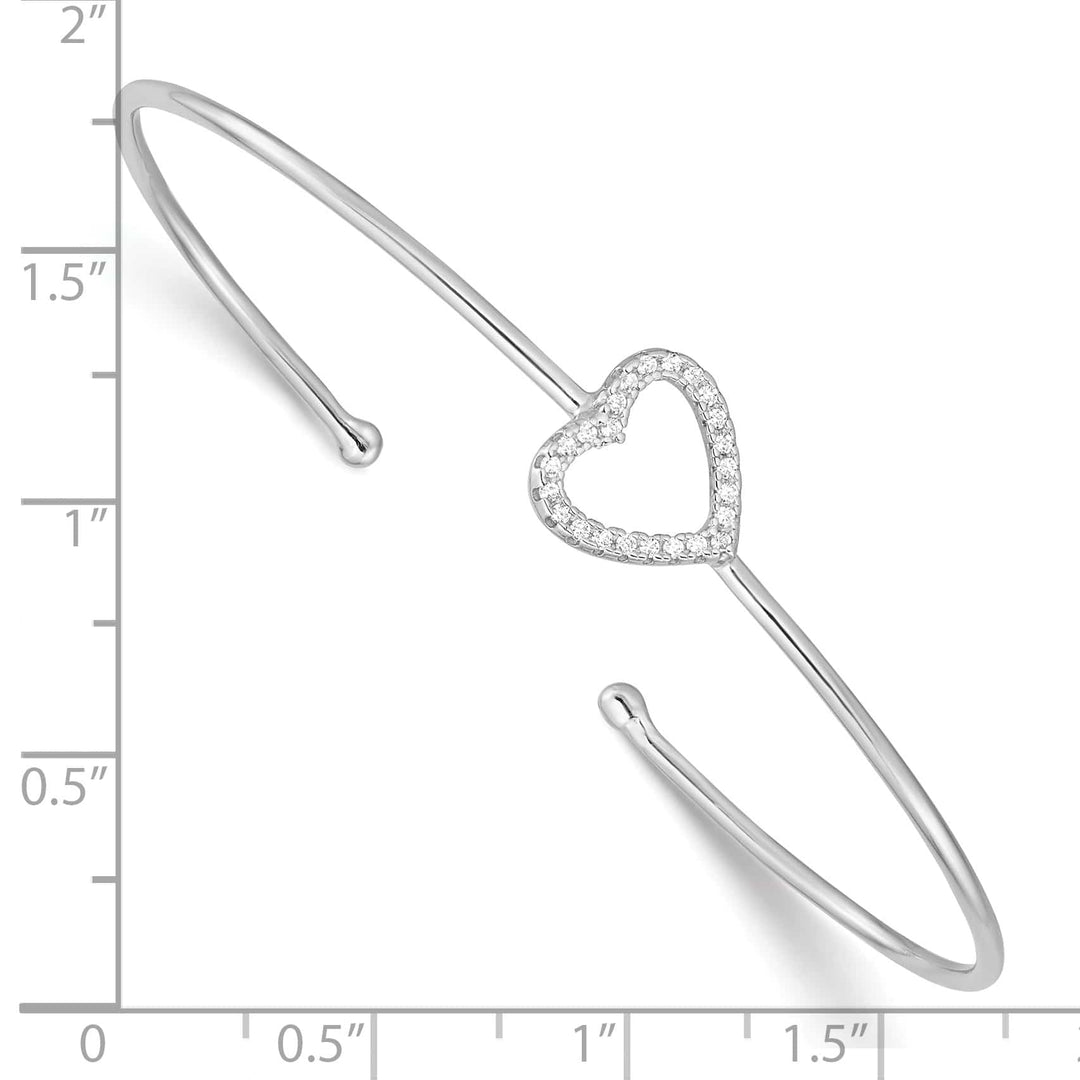 Sterling Silver Rhodium-plated Polished CZ Heart Cuff Bangle Bracelet