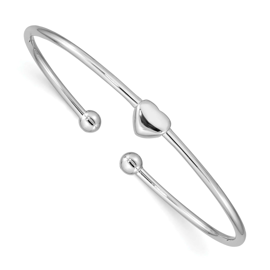 Sterling Silver Rhodium-plated Polished Heart Flexible Cuff Bangle