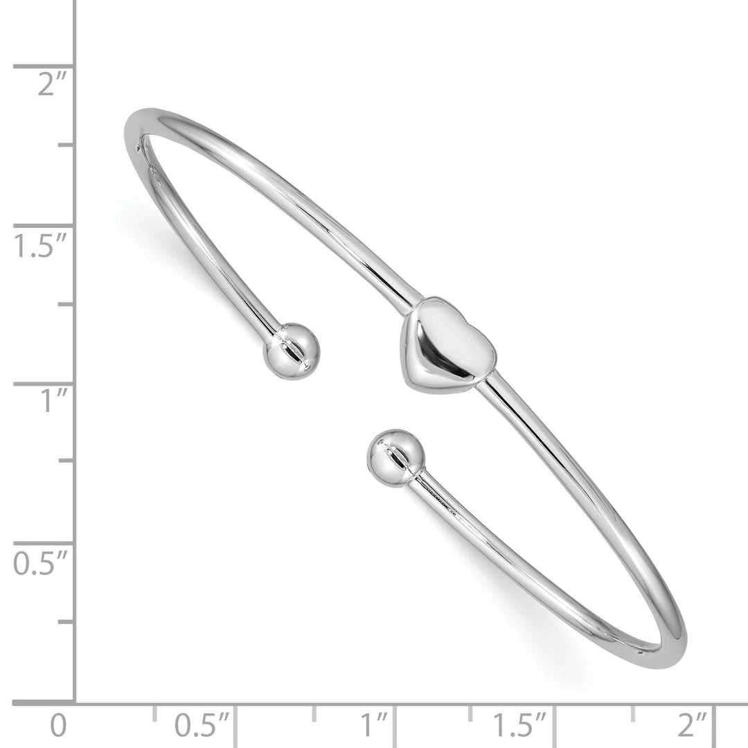 Sterling Silver Rhodium-plated Polished Heart Flexible Cuff Bangle