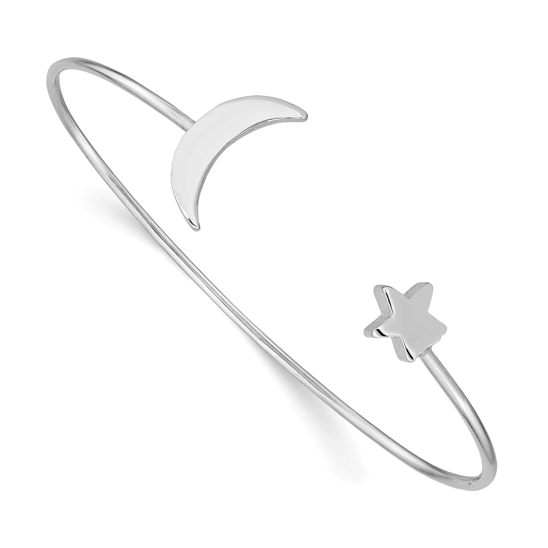 Sterling Silver Rhodium-plated Polished Moon and Star Cuff Bangle