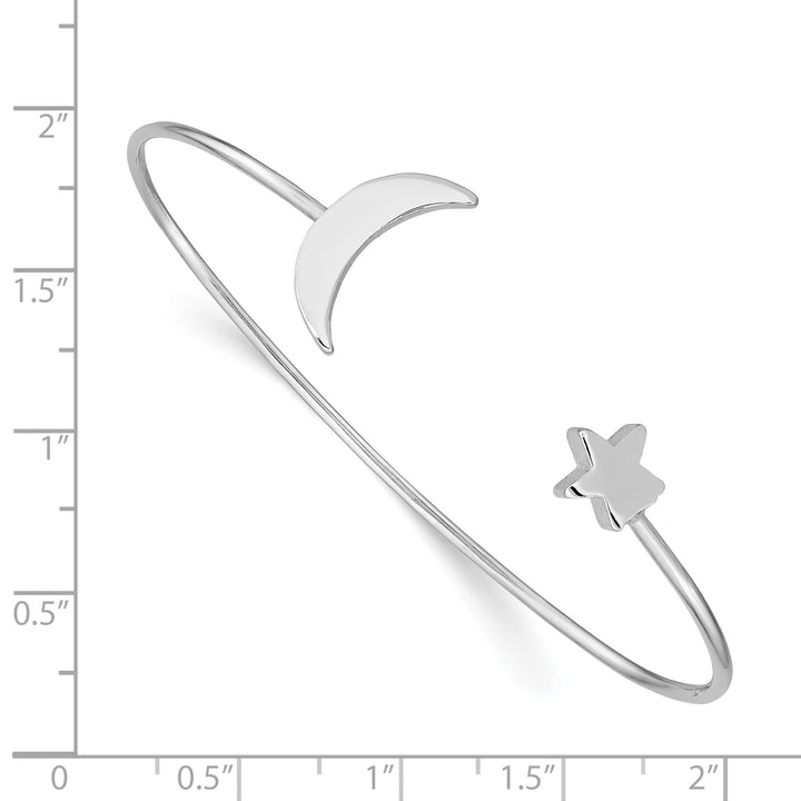 Sterling Silver Rhodium-plated Polished Moon and Star Cuff Bangle