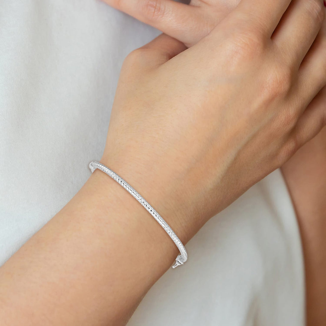 Sterling Silver Rhodium-plated Polished Textured 3mm Hinged Bangle