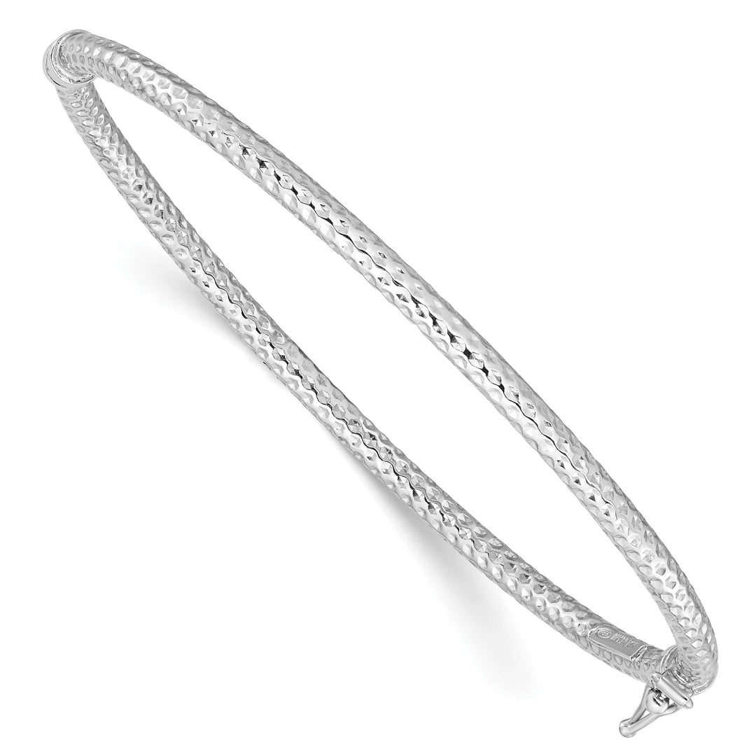 Sterling Silver Rhodium-plated Polished Textured 3mm Hinged Bangle