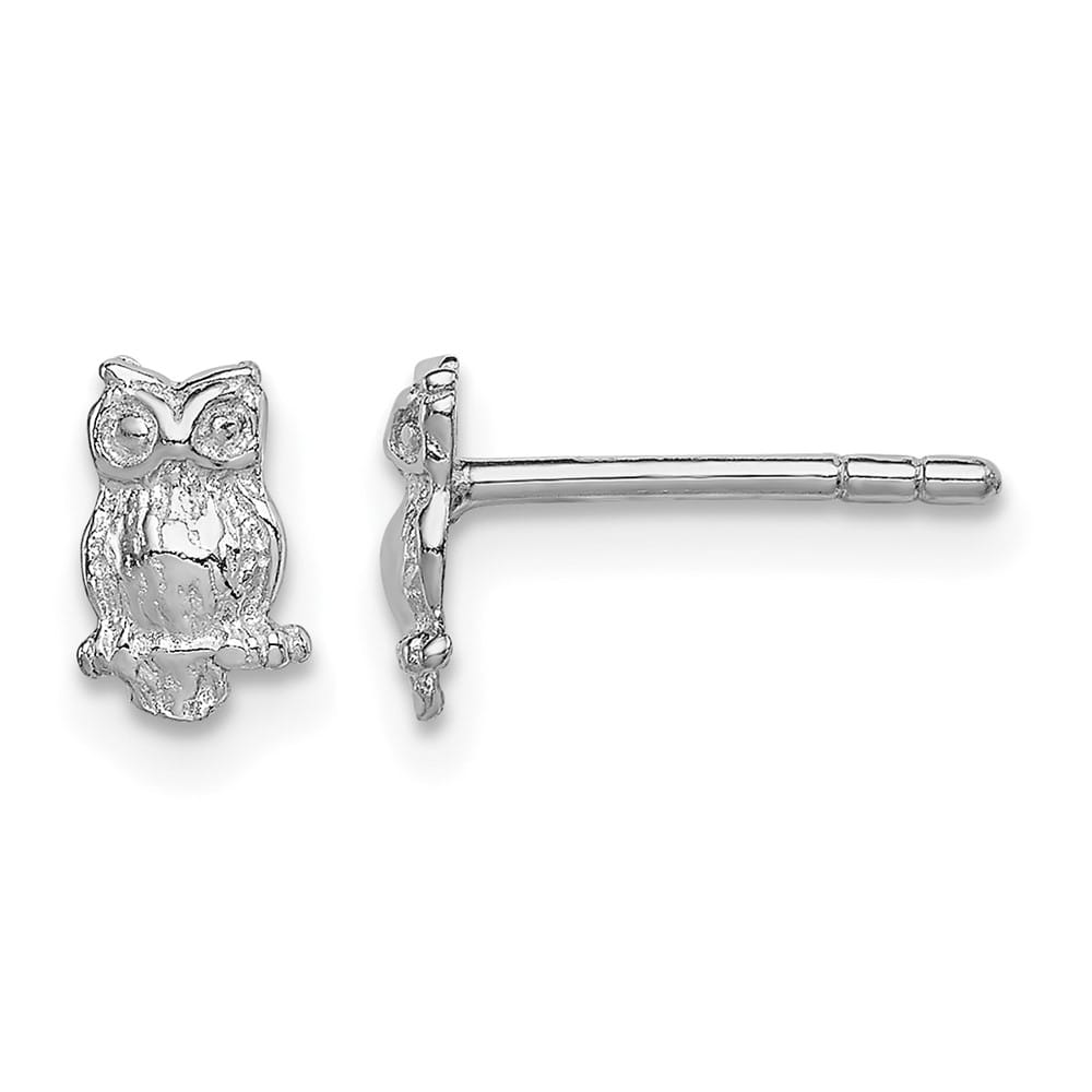 Sterling Silver Rhodium-plated & Textured Owl Petite Post Earrings