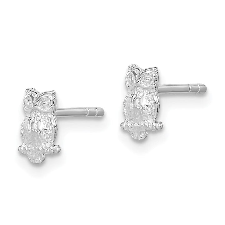 Sterling Silver Rhodium-plated & Textured Owl Petite Post Earrings