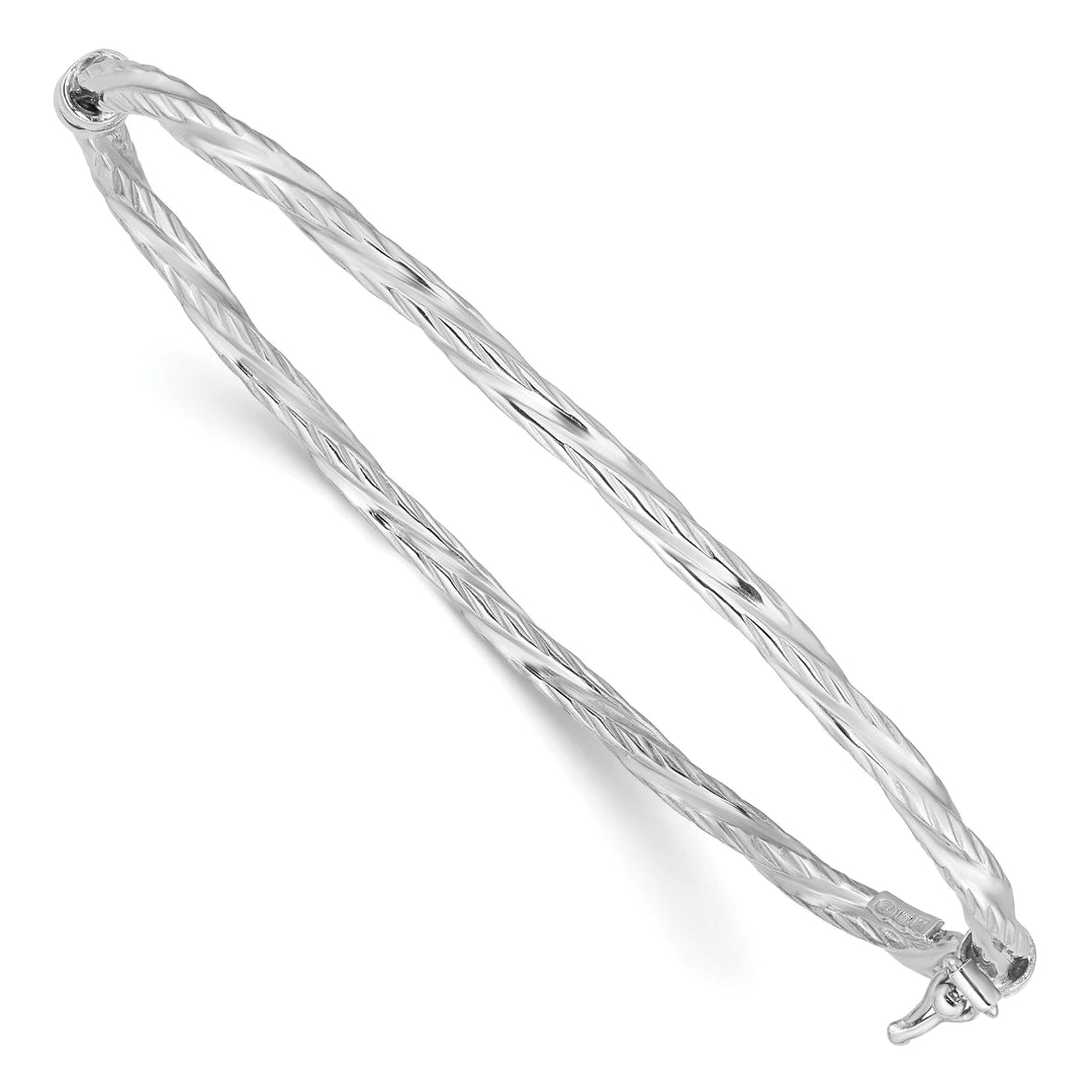 Sterling Silver Rhodium-plated Textured Twisted 3mm Hinged Bangle
