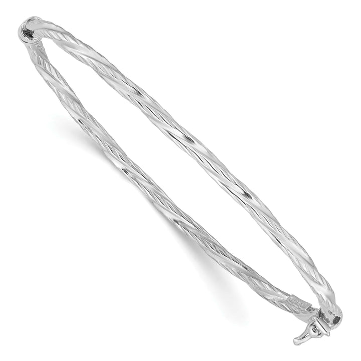 Sterling Silver Rhodium-plated Textured Twisted 3mm Hinged Bangle