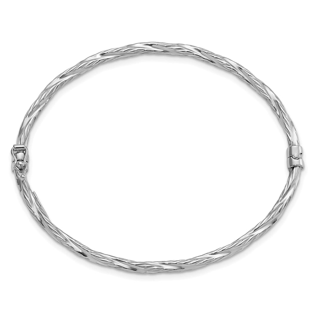 Sterling Silver Rhodium-plated Textured Twisted 3mm Hinged Bangle