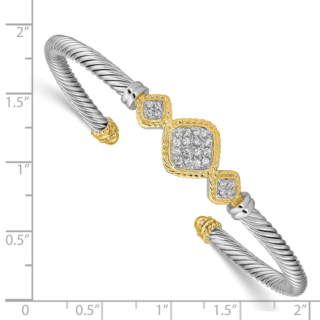 Sterling Silver Rhodium-plated with Vermeil CZ Rope Design Cuff Bangle