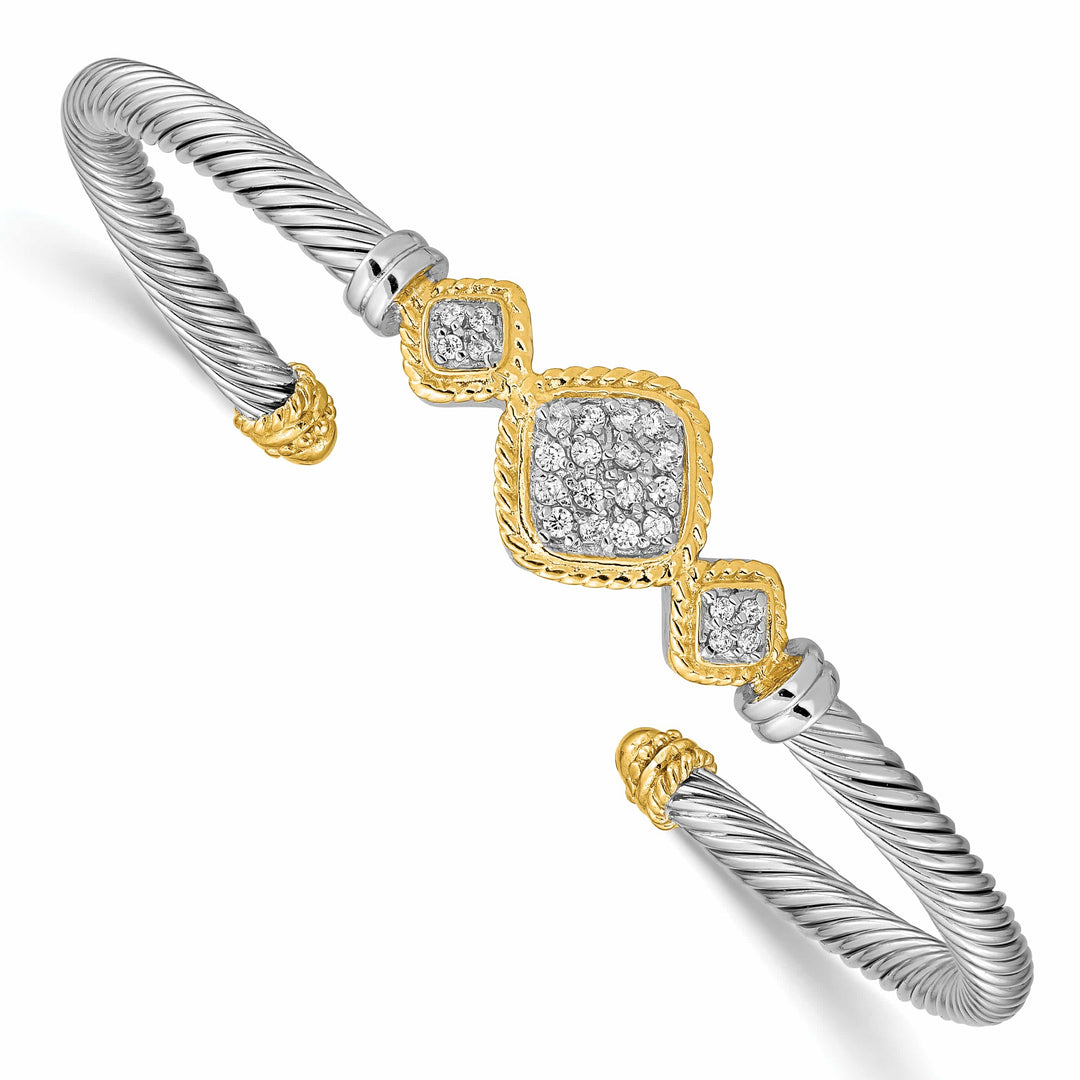 Sterling Silver Rhodium-plated with Vermeil CZ Rope Design Cuff Bangle