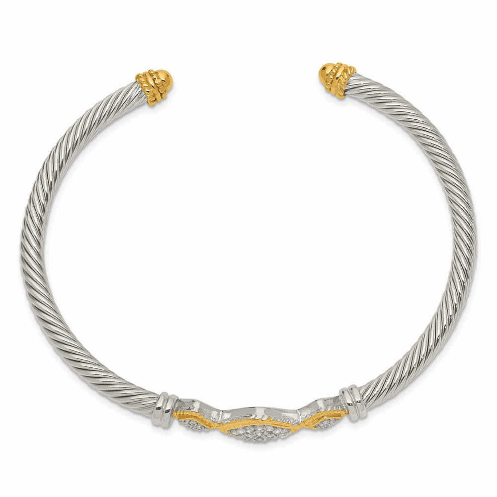 Sterling Silver Rhodium-plated with Vermeil CZ Rope Design Cuff Bangle