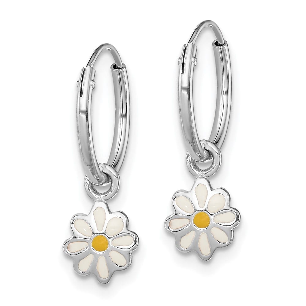 Sterling Silver Rhodium-plated Yellow & White Enameled Daisy Earrings
