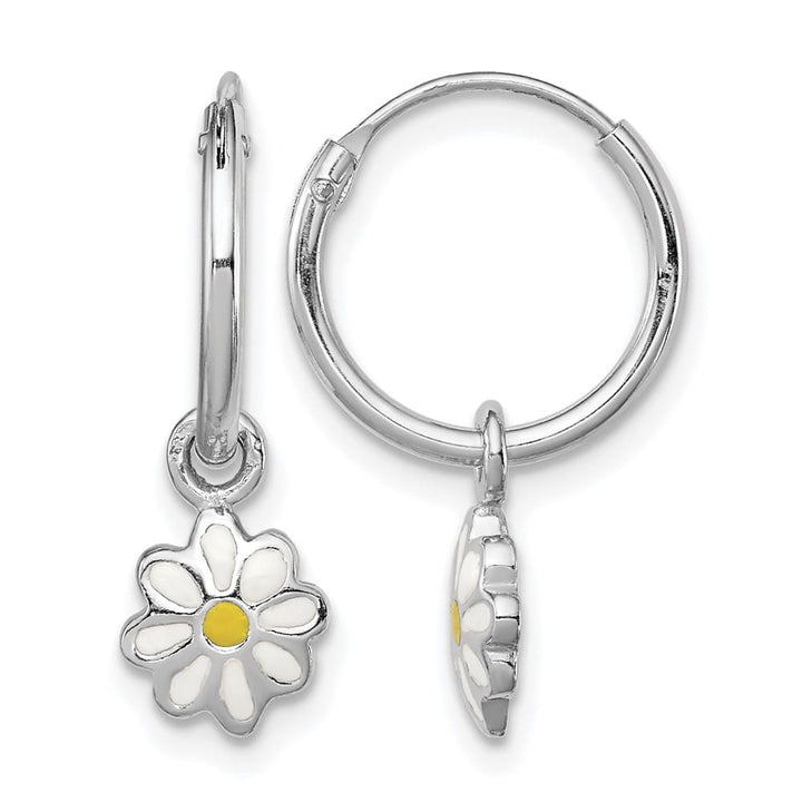 Sterling Silver Rhodium-plated Yellow & White Enameled Daisy Earrings