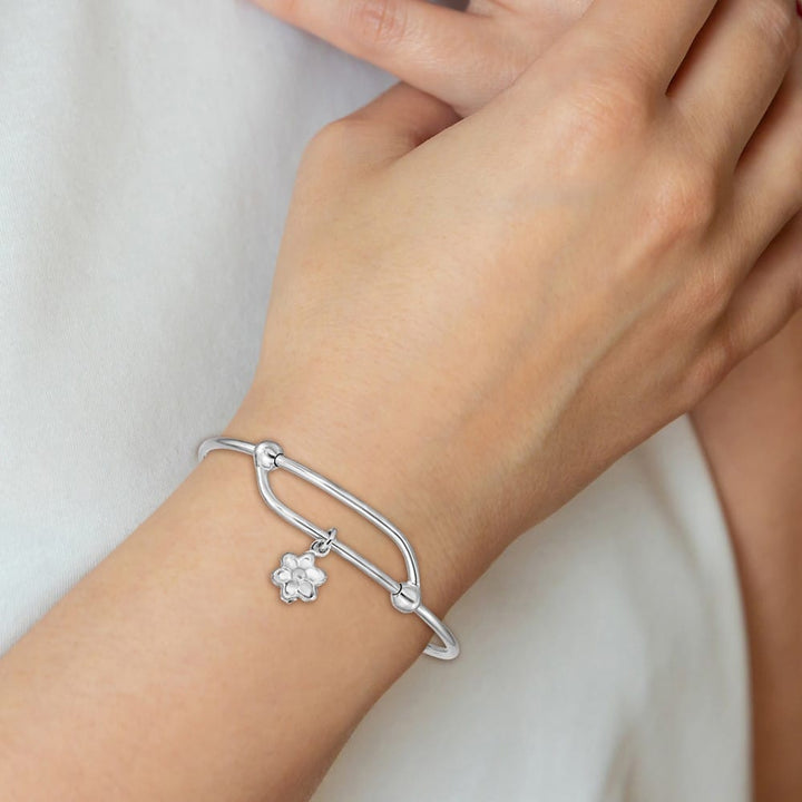 Sterling Silver Rhodium with Dangle Flower Small Adj/Expand Bangle