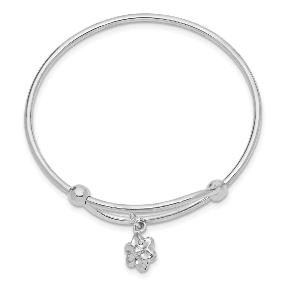 Sterling Silver Rhodium with Dangle Flower Small Adj/Expand Bangle
