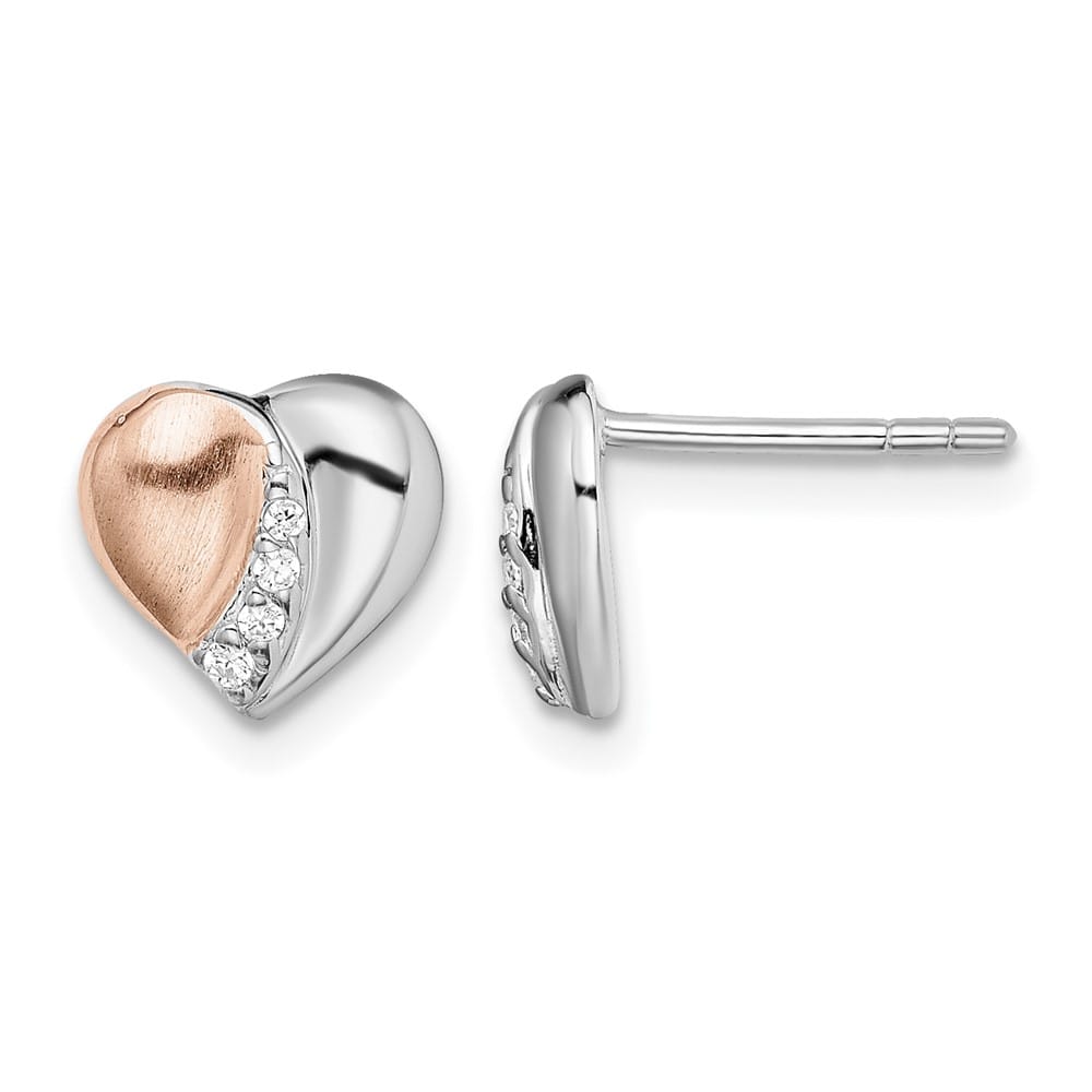 Sterling Silver Rose Gold-Tone CZ Heart Post Earrings