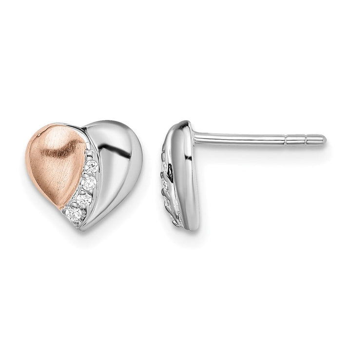 Sterling Silver Rose Gold-Tone CZ Heart Post Earrings