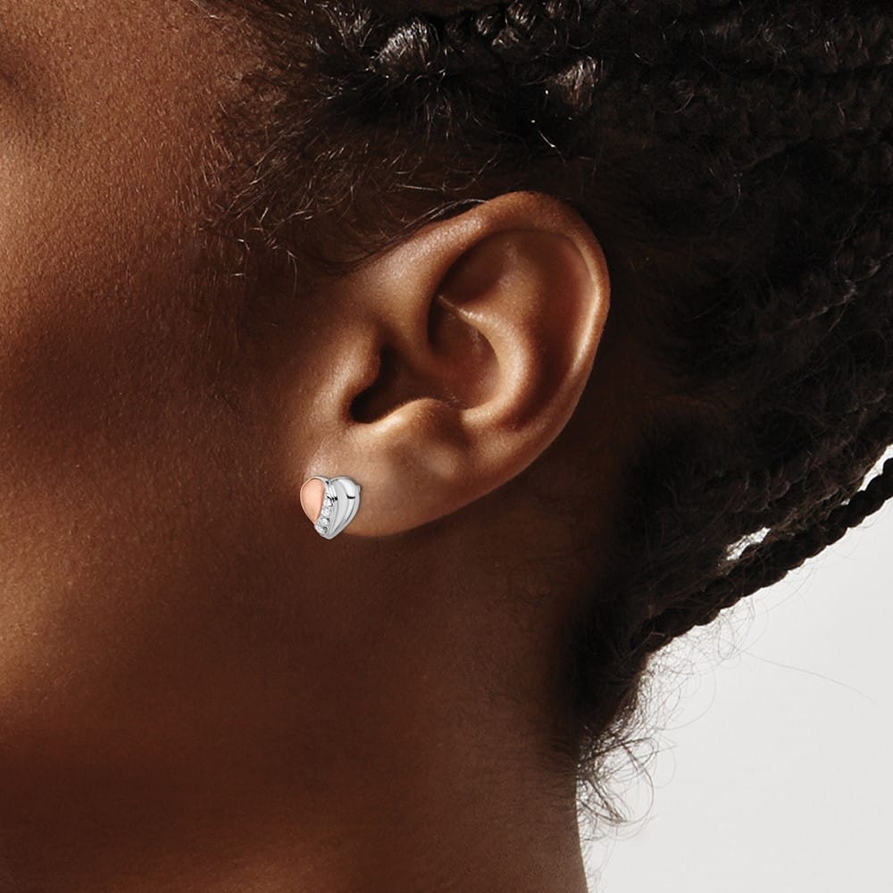 Sterling Silver Rose Gold-Tone CZ Heart Post Earrings