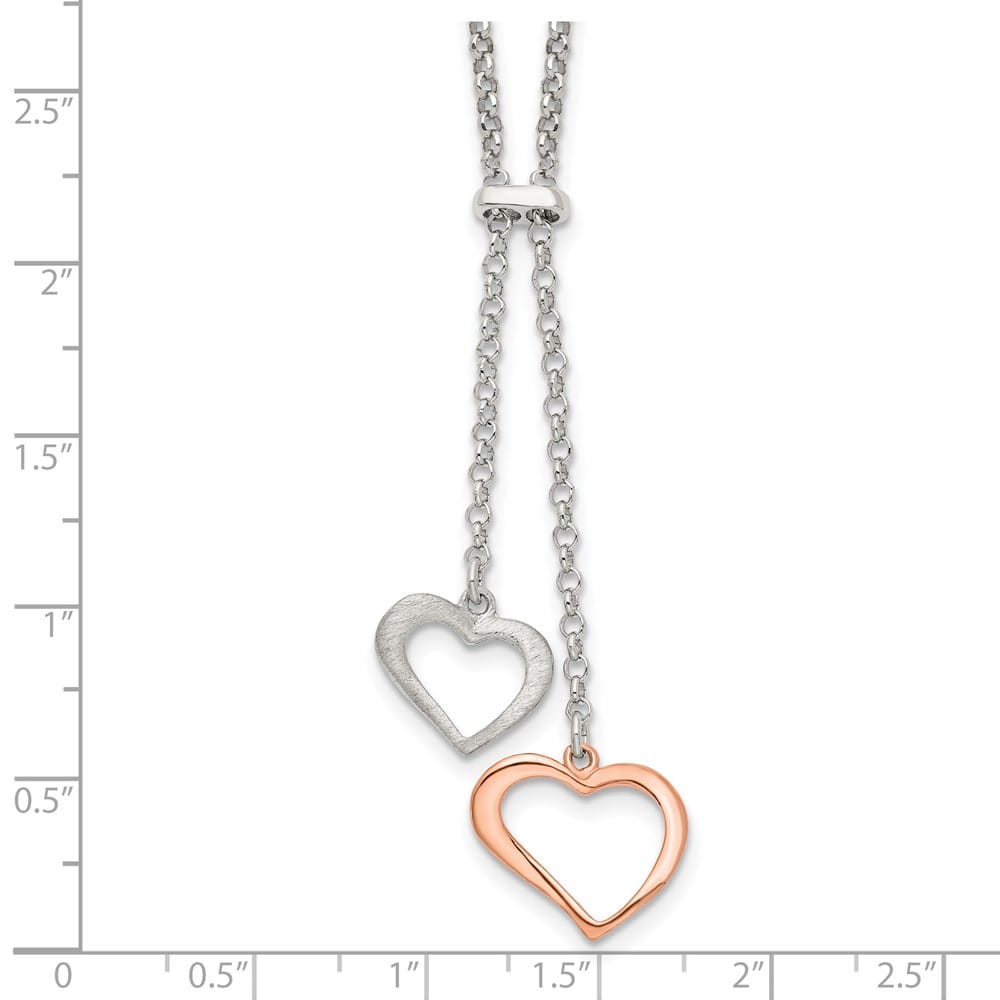 Sterling Silver Rose-tone 2-Heart Dangle Lariat 16.5 inch Necklace