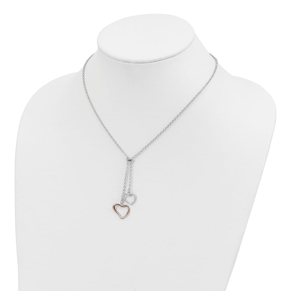 Sterling Silver Rose-tone 2-Heart Dangle Lariat 16.5 inch Necklace
