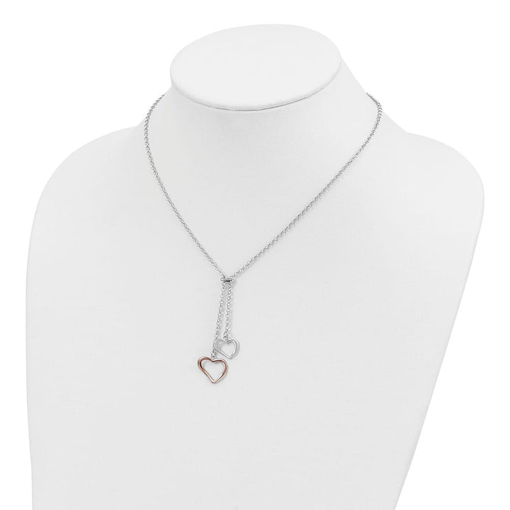 Sterling Silver Rose-tone 2-Heart Dangle Lariat 16.5 inch Necklace