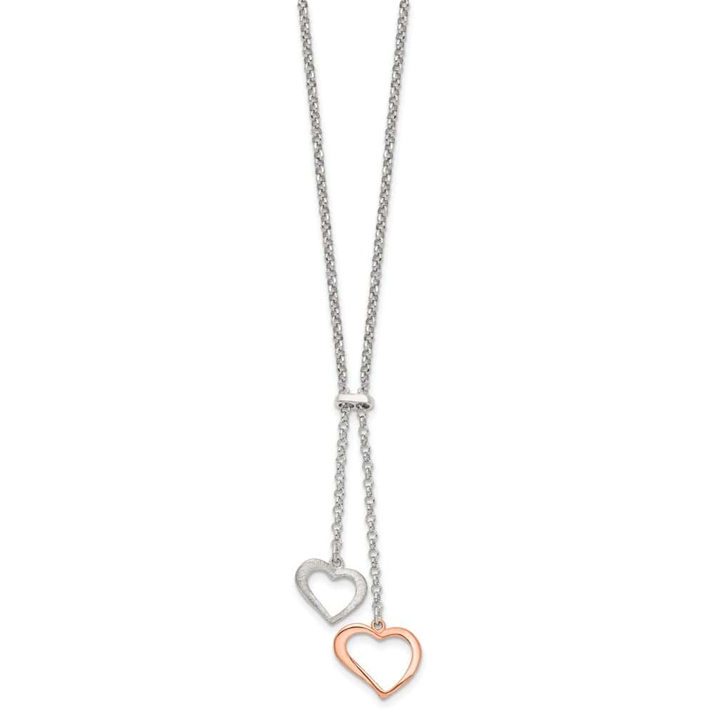 Sterling Silver Rose-tone 2-Heart Dangle Lariat 16.5 inch Necklace