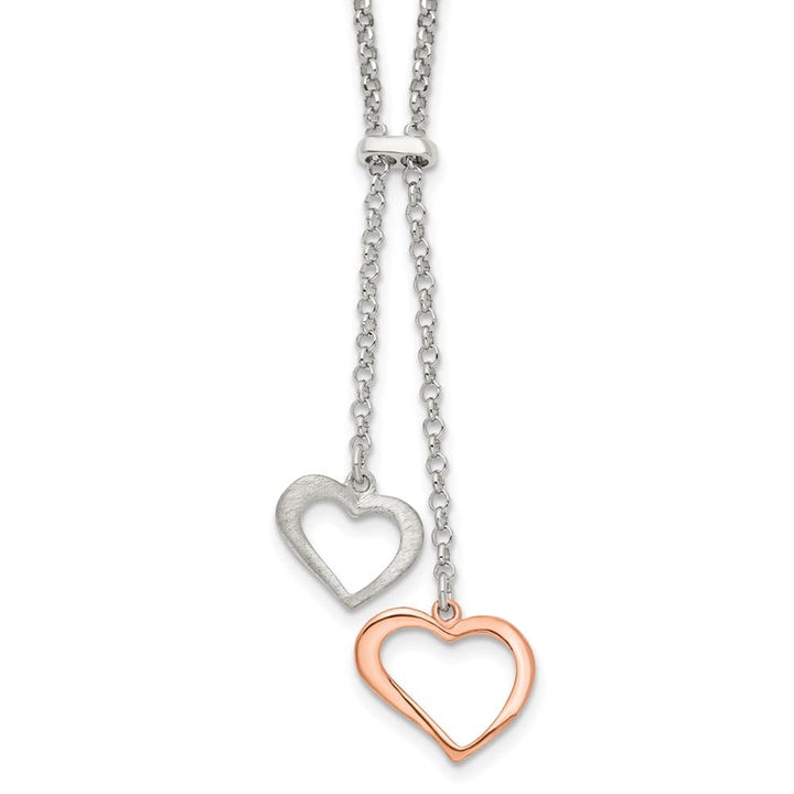 Sterling Silver Rose-tone 2-Heart Dangle Lariat 16.5 inch Necklace
