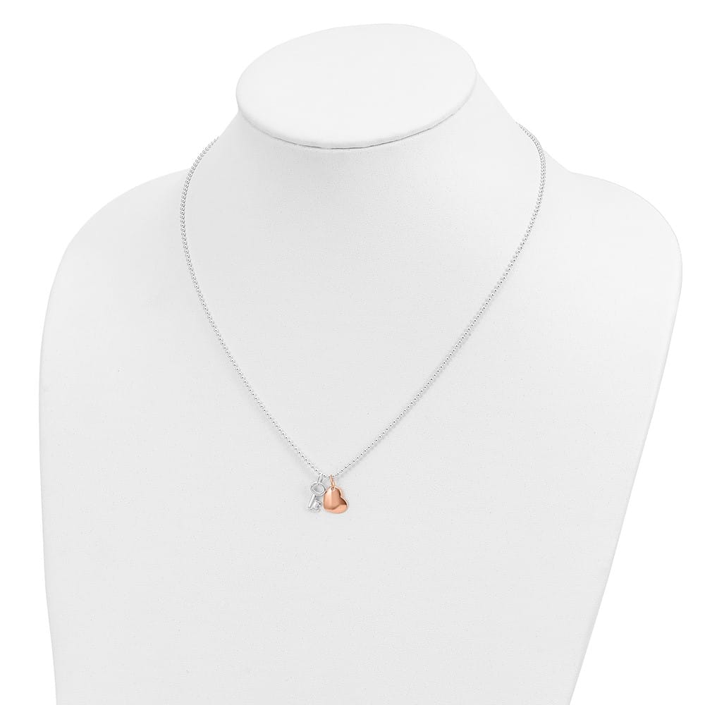 Sterling Silver Rose-Tone Heart and Key 19 Inch Necklace