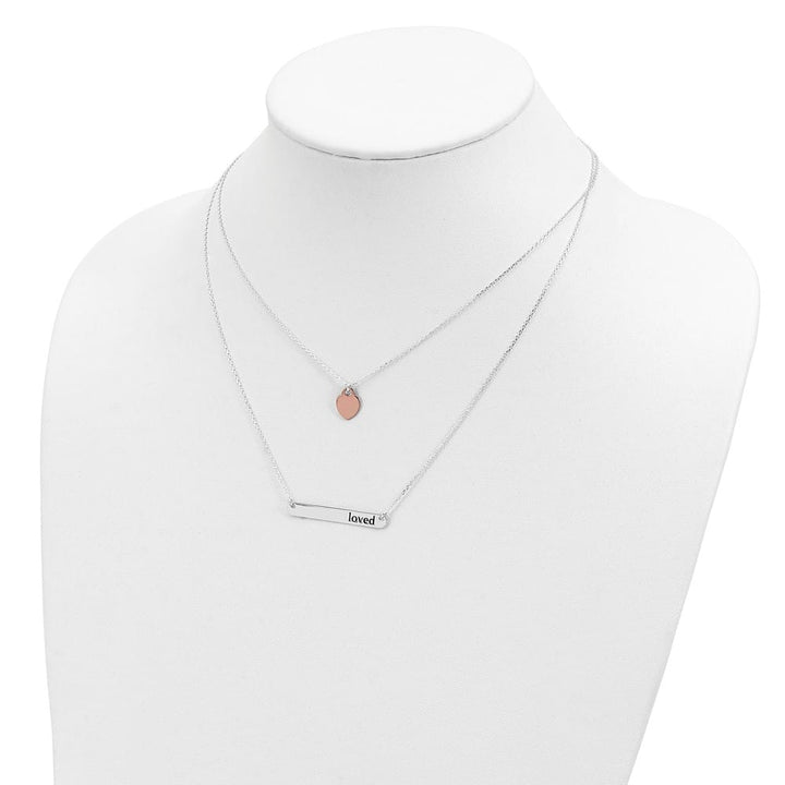Sterling Silver Rose-Tone Heart Enameled LOVED 16 Inch Bar Necklace